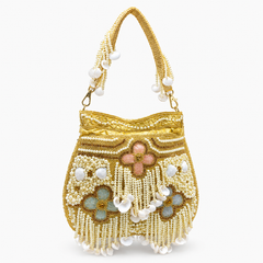 Traditional Handcrafted Beaded Pearl Embellished Gold Handbag
