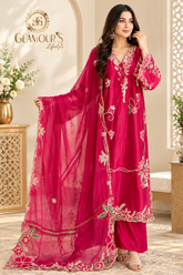 Floral Embroidered Silk Suit with Floral Gorgeous Matching Dupatta