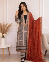 Pakistani-Inspired Printed & Embroidered Three-Piece Suit