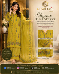 Vibrant Olive-Yellow Embroidered Three-Piece Suit