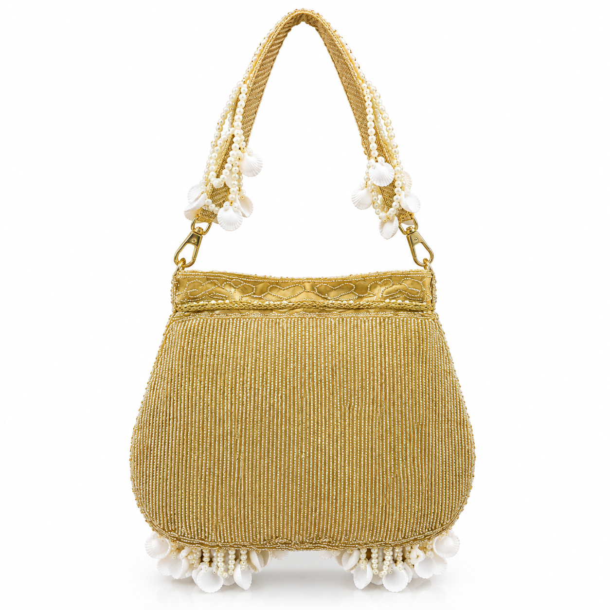Traditional Handcrafted Beaded Pearl Embellished Gold Handbag