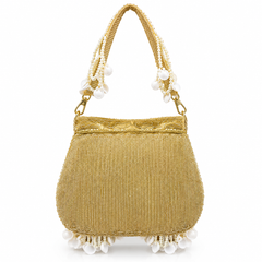Traditional Handcrafted Beaded Pearl Embellished Gold Handbag