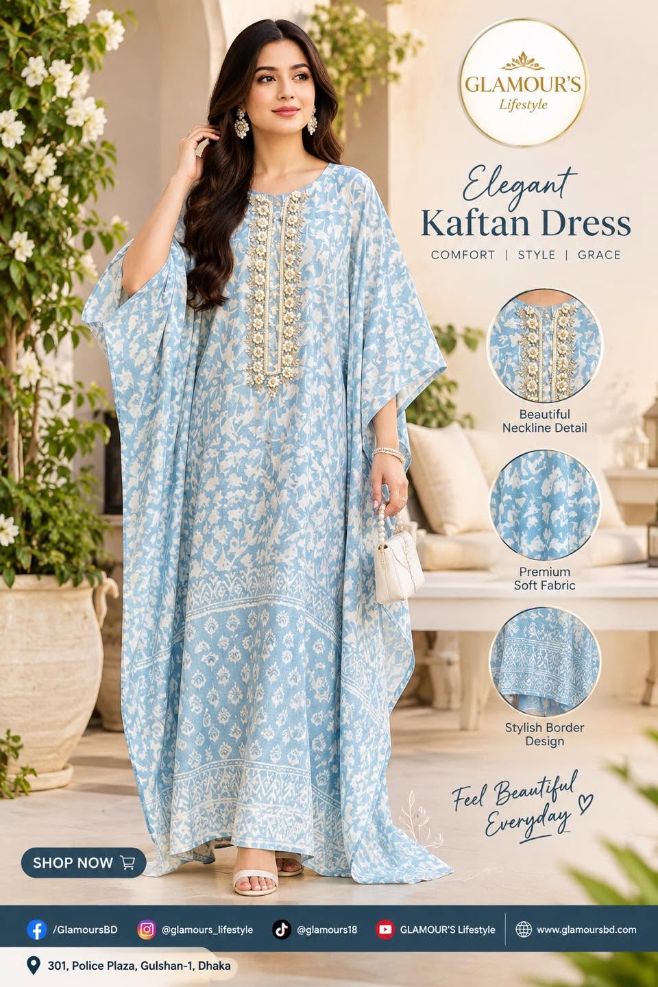 Elegant Gradient & Embroidered Kaftan Dress