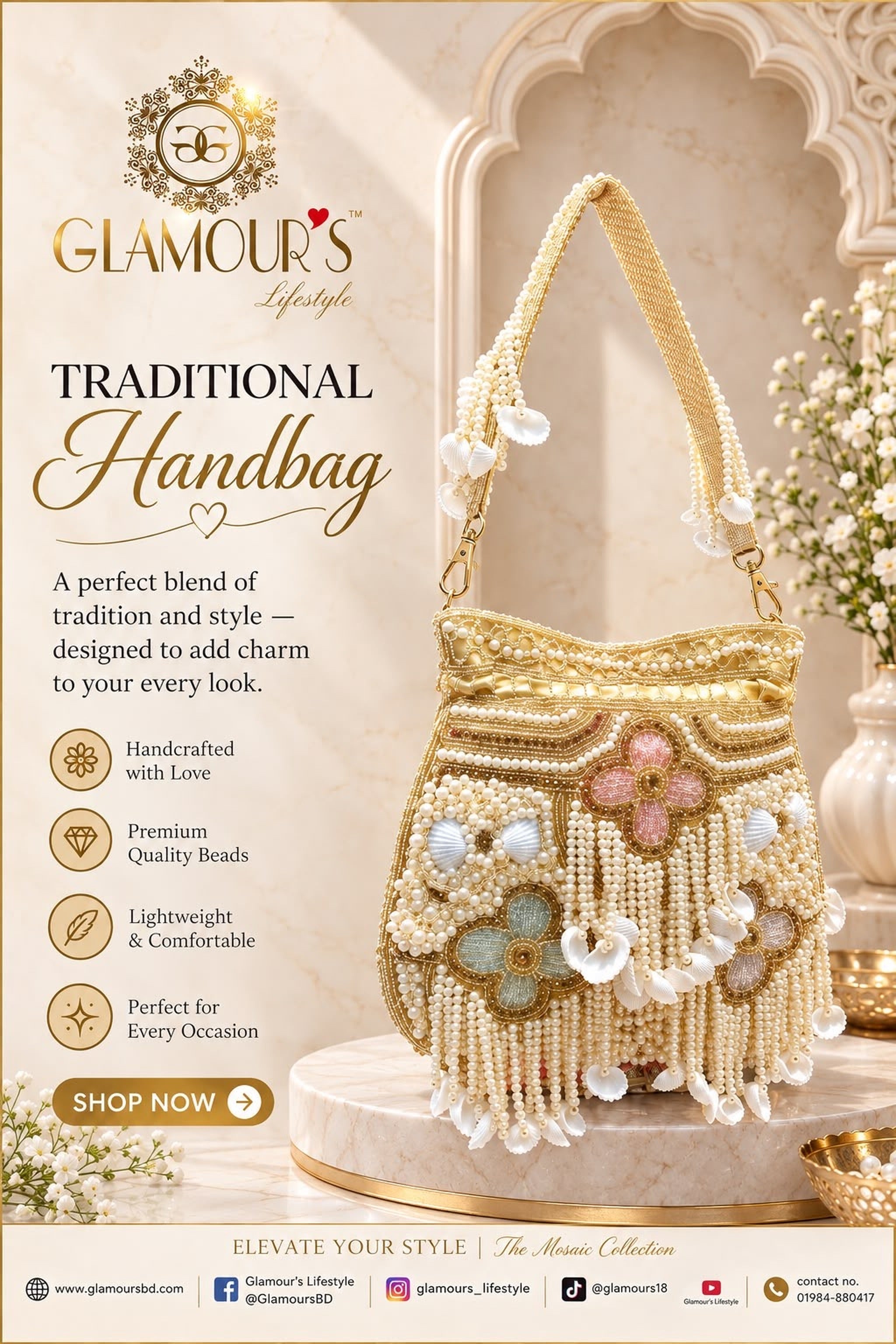 Traditional Handcrafted Beaded Pearl Embellished Gold Handbag
