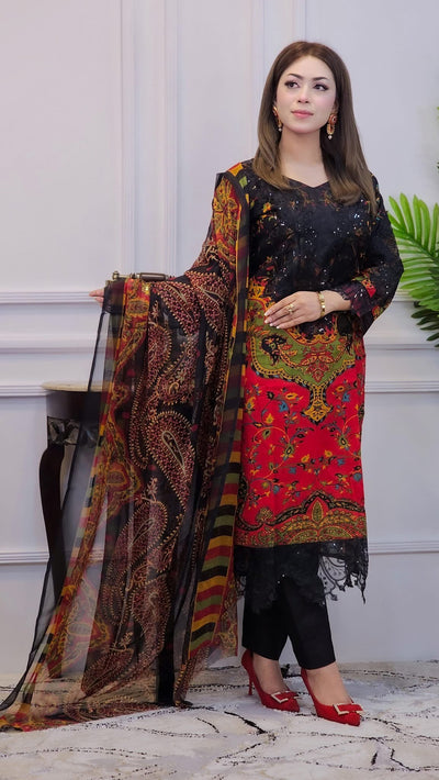 Cotton Threepiece With Black Sequence Body Work